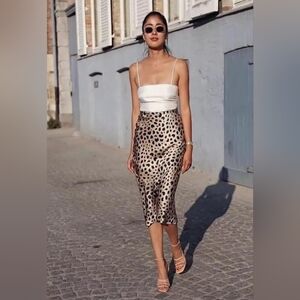 Kourt Cheetah Print Silk Satin Midi Skirt High Waist Medium